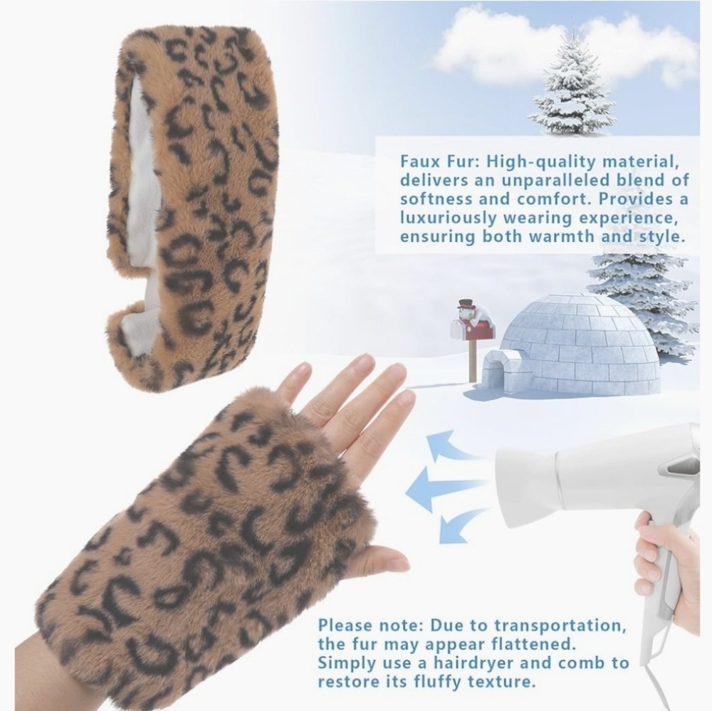 Leopard Fur Gloves Set- Fur Headband W Gloves, Earwarmer - Picture 5 of 5